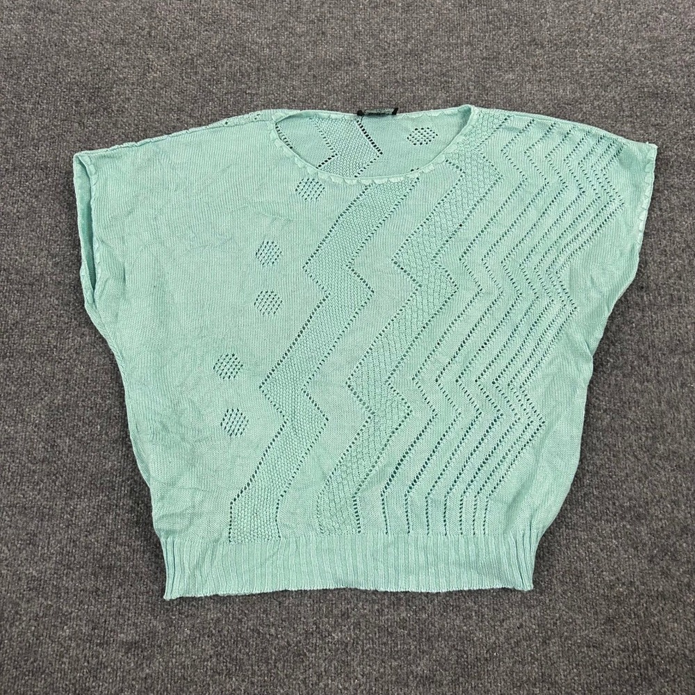 Jolie Sweater Top Womens Size L Aqua Green Pointelle Knit Short Sleeve USA Made